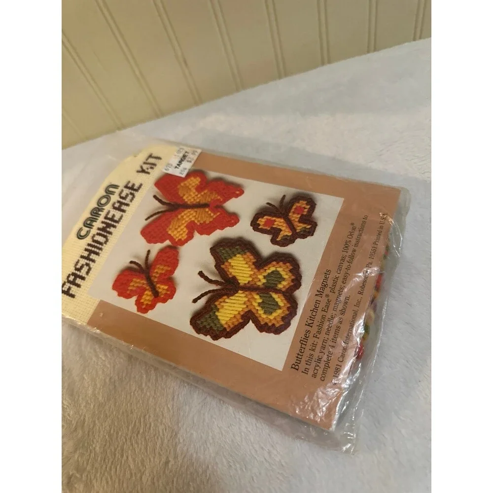 Vintage Caron Plastic Canvas Kit Butterflies Kitchen Magnets 4116 1981 Cottageco